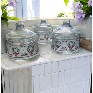 3 Indiana Glass Christmas Gift Jar Candy Nut Clear Glass Lid Wreath Holly Berry